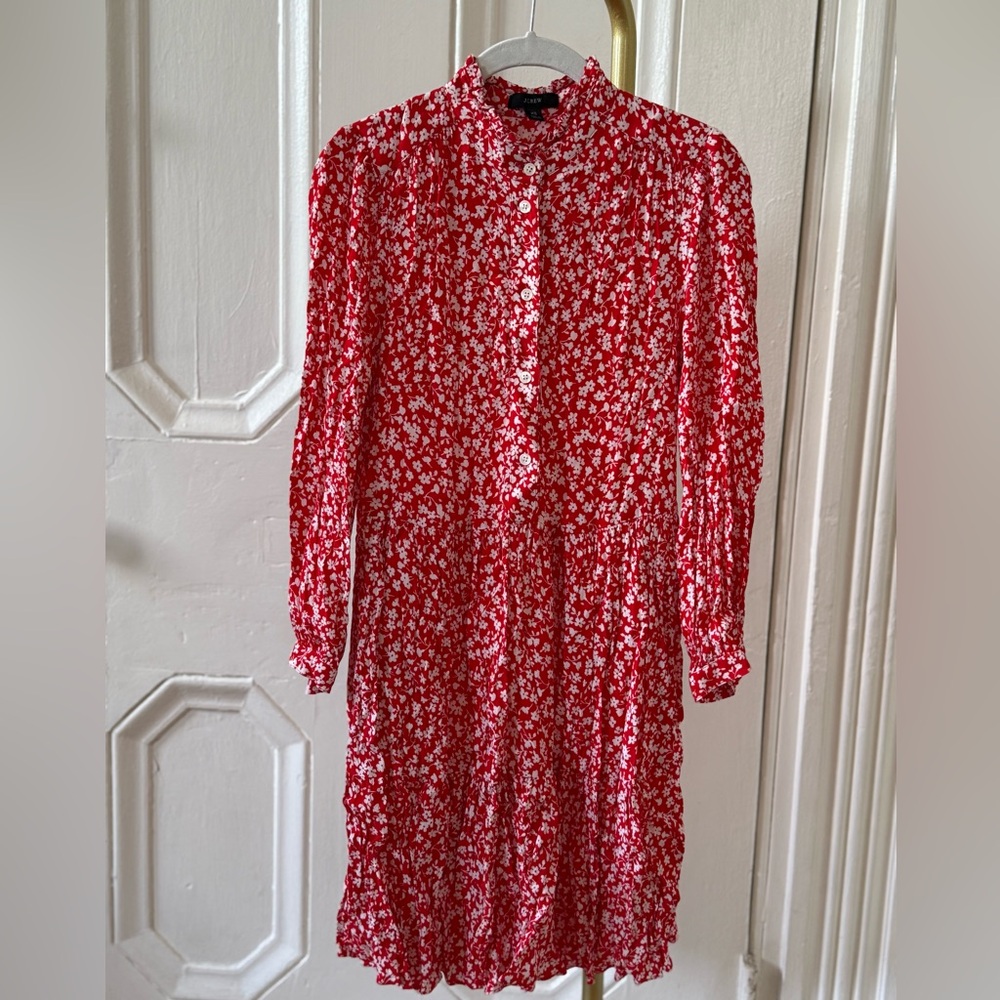 J. Crew Red and White Floral Long Sleeve Dress